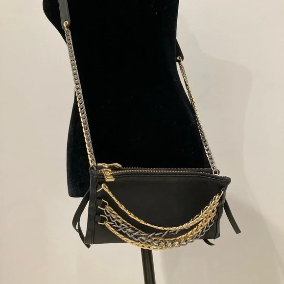 ASH Black Leather Convertible Cross Body Purse Gold Silver Chain - Picture 1 of 14